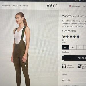 Women's team evo thermal bib tight, size small, olive color